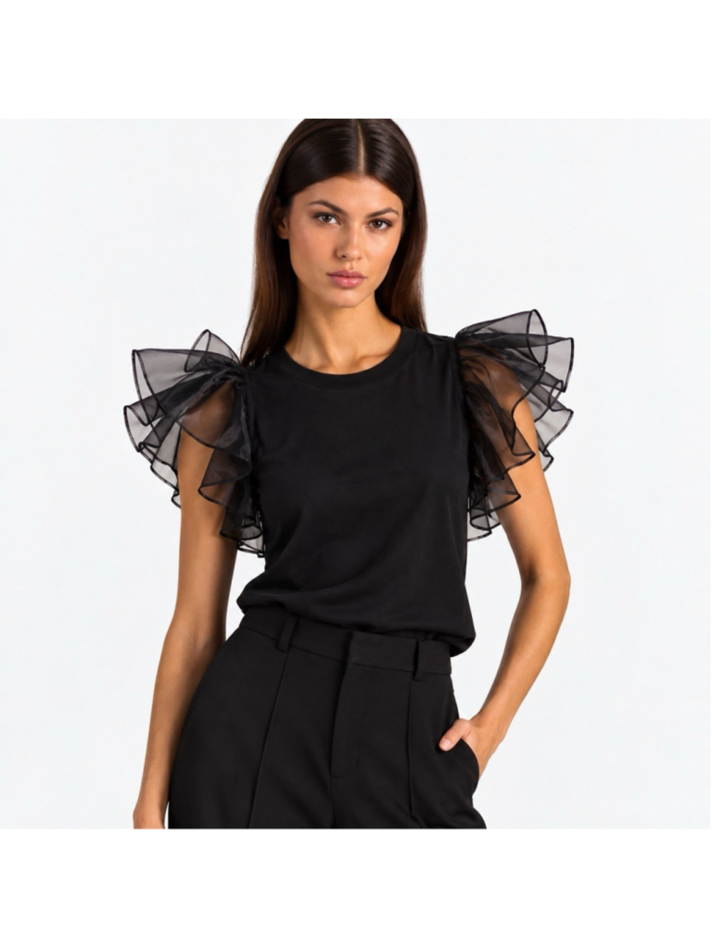 Alice + Olivia Black Dramatic Organza Ruffle Sleeve Cotton Blouse Top XS